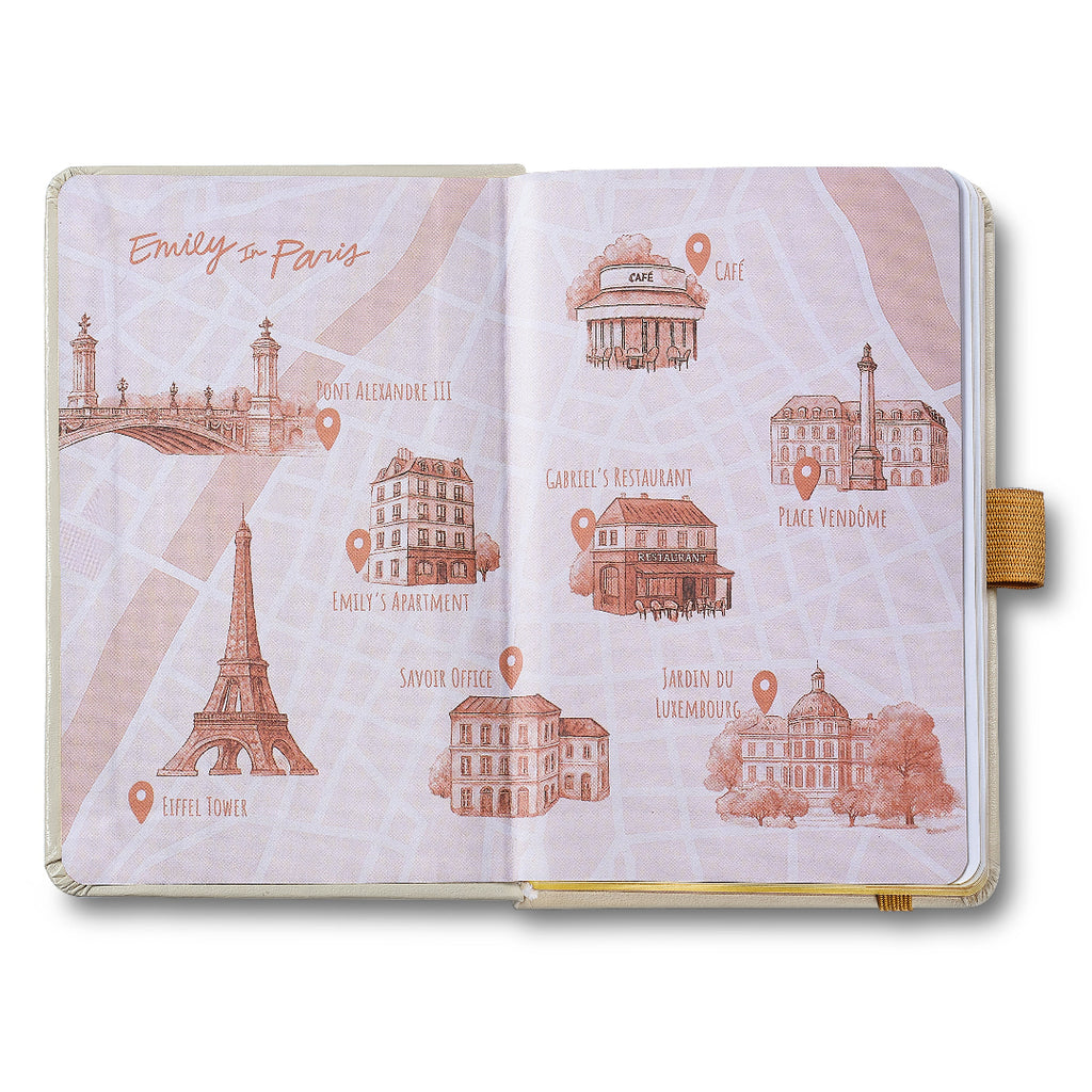 Sheaffer Gift Set ft. 100 Emily in Paris 9377 Champagne Gold Ballpoint Pen with Champagne Gold Trims and Hardbound Small Notebook inside map  design