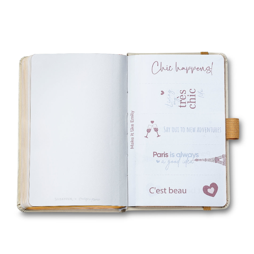 Sheaffer Gift Set ft. 100 Emily in Paris 9377 Champagne Gold Ballpoint Pen with Champagne Gold Trims and Hardbound Small Notebook make it like emily