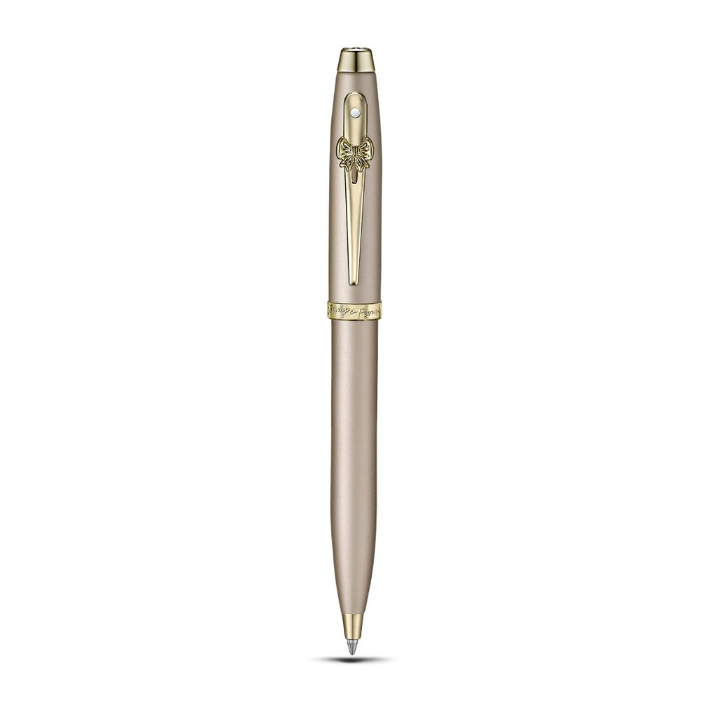 Sheaffer Gift Set ft. 100 Emily in Paris 9377 Champagne Gold Ballpoint Pen with Champagne Gold Trims and Hardbound Small Notebook full upright front view