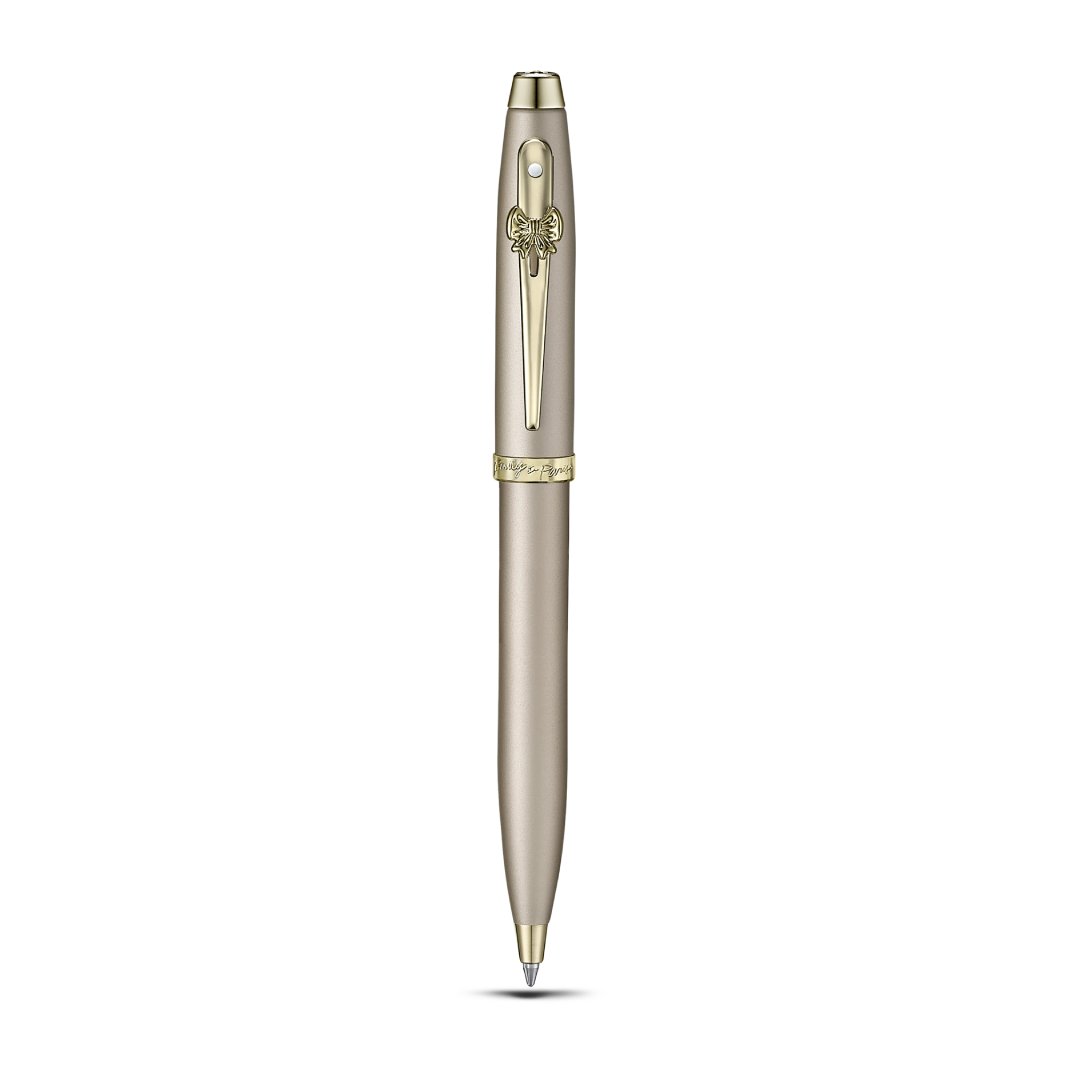 Sheaffer Gift Set ft. 100 Emily in Paris 9377 Champagne Gold Ballpoint Pen with Champagne Gold Trims and Hardbound Small Notebook full upright front view