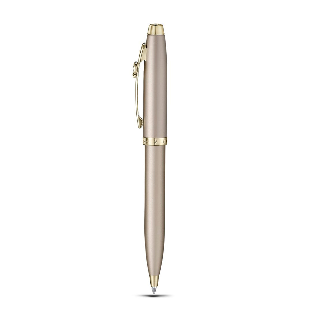 Sheaffer Gift Set ft. 100 Emily in Paris 9377 Champagne Gold Ballpoint Pen with Champagne Gold Trims and Hardbound Small Notebook upright side profile