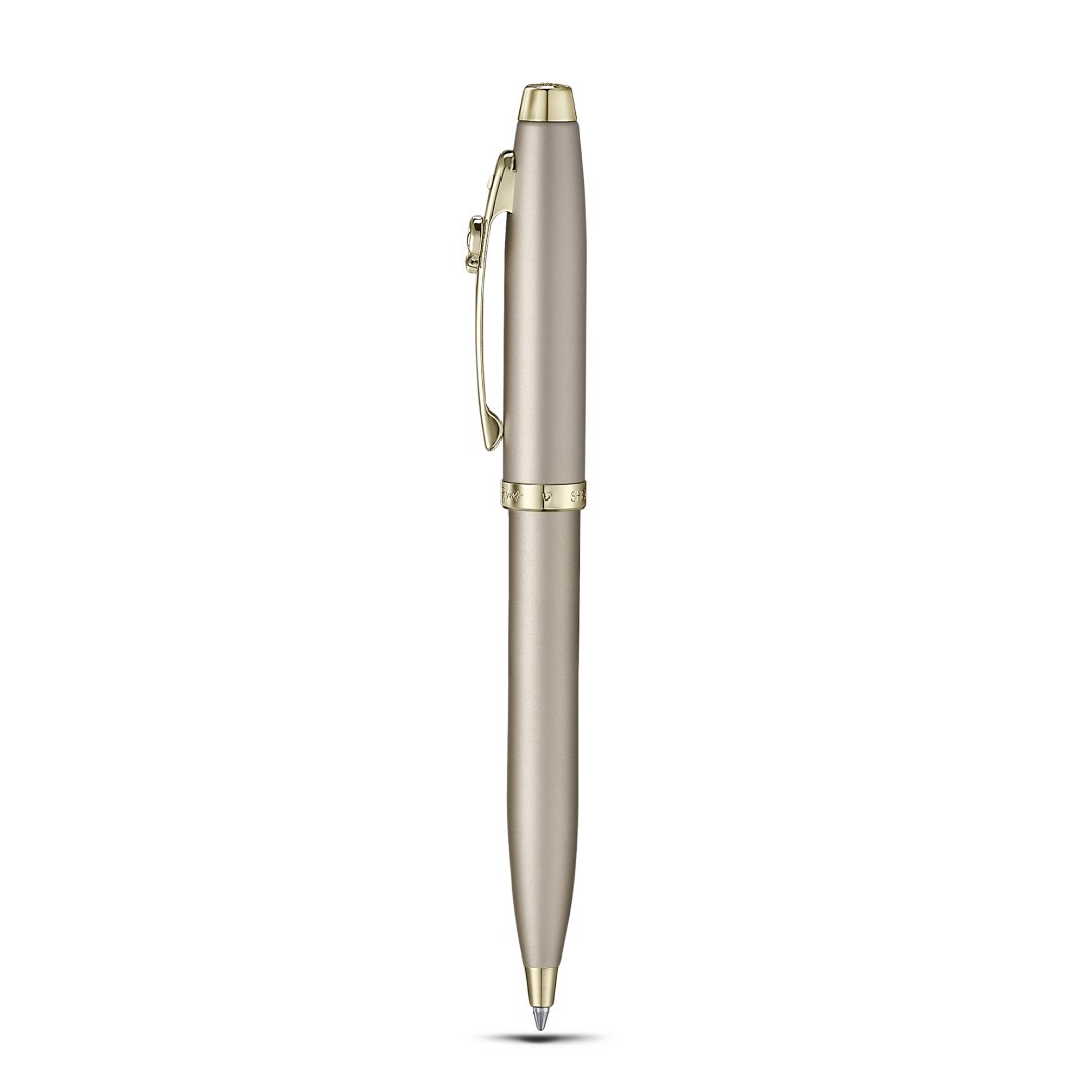 Sheaffer Gift Set ft. 100 Emily in Paris 9377 Champagne Gold Ballpoint Pen with Champagne Gold Trims and Hardbound Small Notebook upright side profile