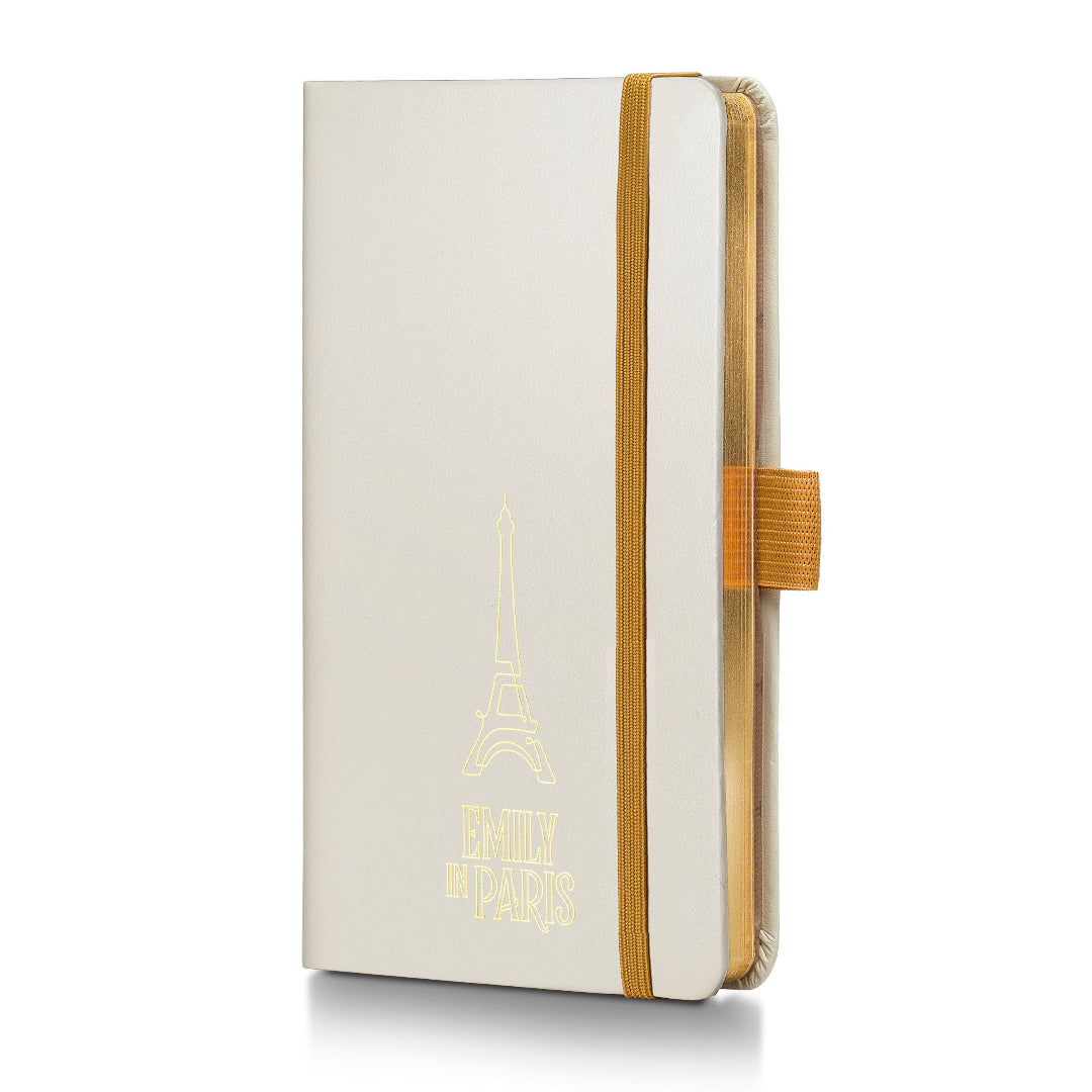 Sheaffer Gift Set ft. 100 Emily in Paris 9377 Champagne Gold Ballpoint Pen with Champagne Gold Trims and Hardbound Small Notebook front side view