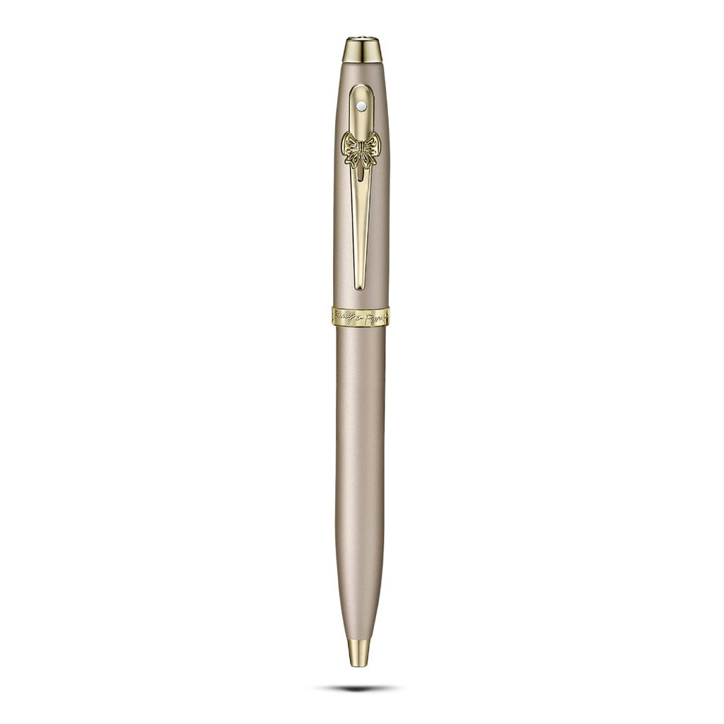 Sheaffer Gift Set ft. 100 Emily in Paris 9377 Champagne Gold Ballpoint Pen with Champagne Gold Trims and Hardbound Small Notebook upright view