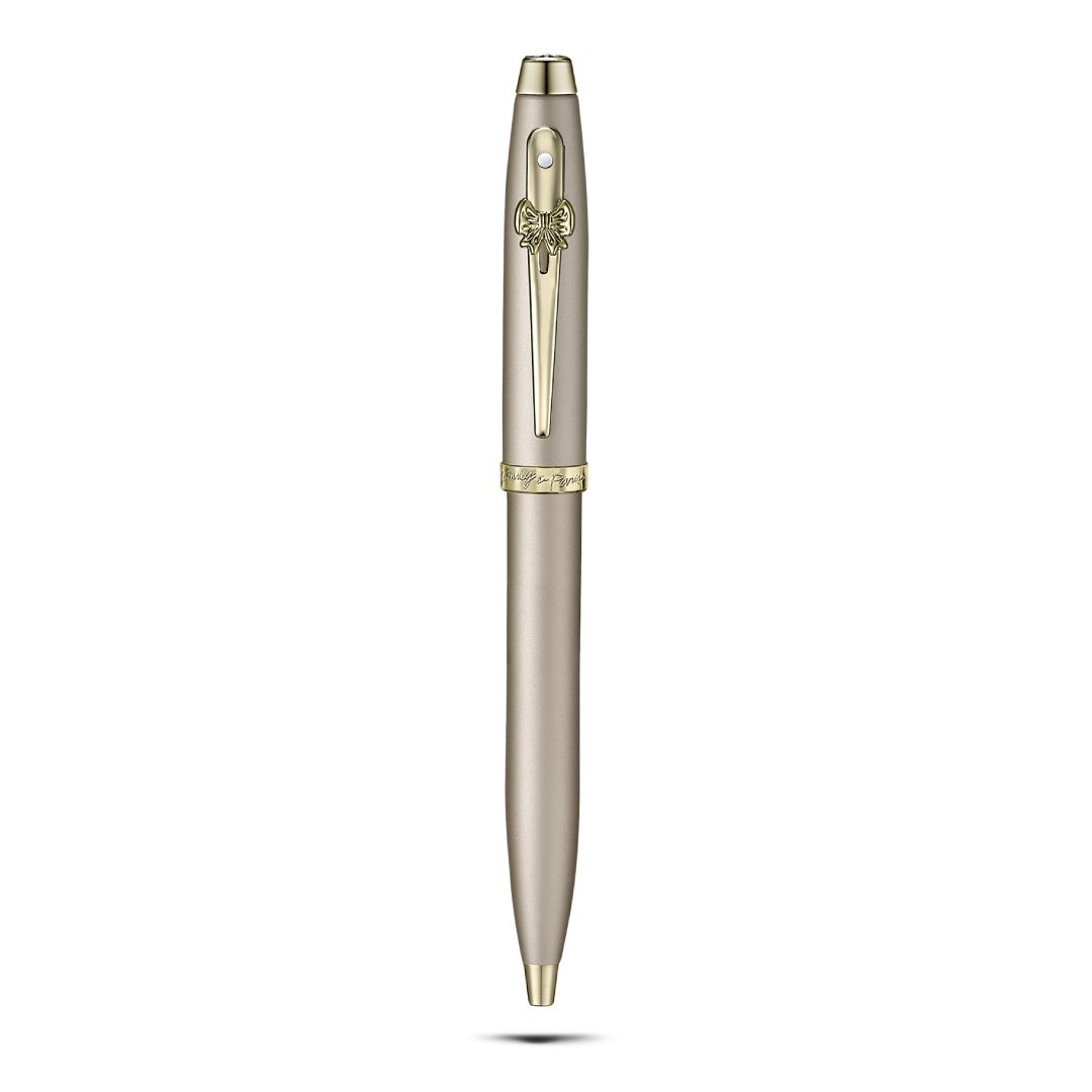 Sheaffer Gift Set ft. 100 Emily in Paris 9377 Champagne Gold Ballpoint Pen with Champagne Gold Trims and Hardbound Small Notebook upright view