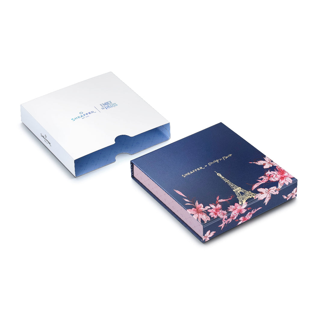 Sheaffer Gift Set ft - Emily in Paris Prelude Mini 9810 Pastel Pink Ballpoint Pen with Swarovski Crystal and Full-Grain Leather Credit Card Holder packaging