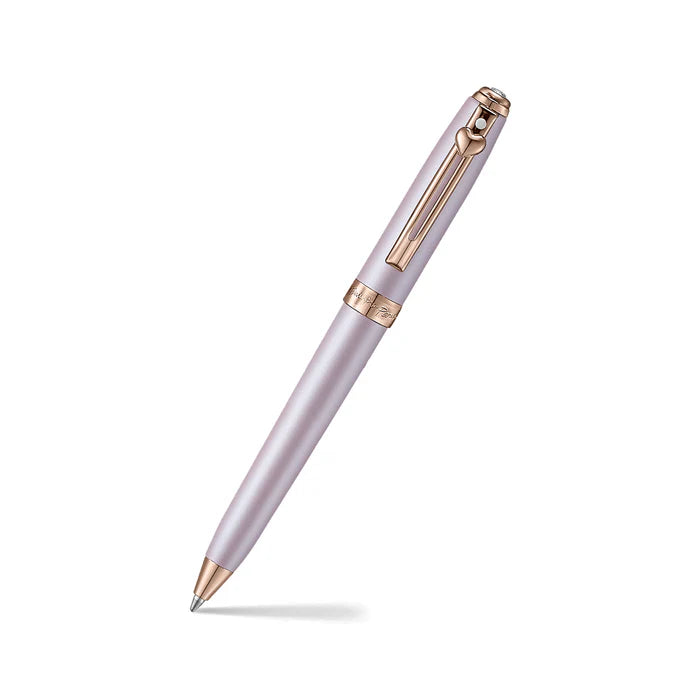 Sheaffer Gift Set ft - Emily in Paris Prelude Mini 9810 Pastel Pink Ballpoint Pen with Swarovski Crystal and Full-Grain Leather Credit Card Holder pen angled writing shot