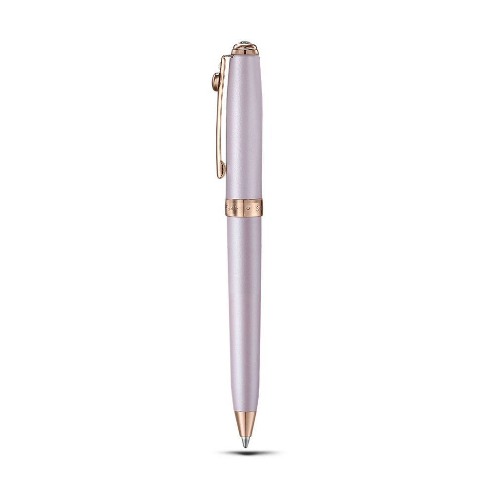 Sheaffer Gift Set ft - Emily in Paris Prelude Mini 9810 Pastel Pink Ballpoint Pen with Swarovski Crystal and Full-Grain Leather Credit Card Holder pen upright side view