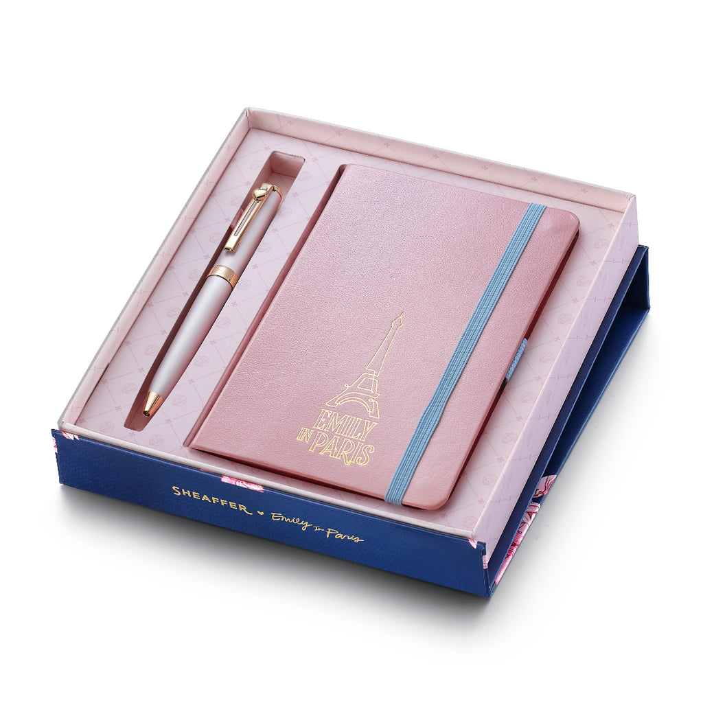 Sheaffer Gift Set ft Emily in Paris Prelude Mini 9810 Pastel Pink Ballpoint Pen with Swarovski Crystal and Hardbound Small Notebook inside packaging