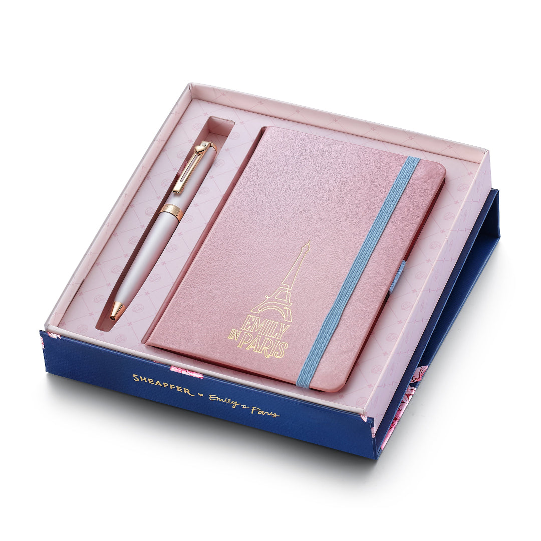 Sheaffer Gift Set ft Emily in Paris Prelude Mini 9810 Pastel Pink Ballpoint Pen with Swarovski Crystal and Hardbound Small Notebook inside packaging