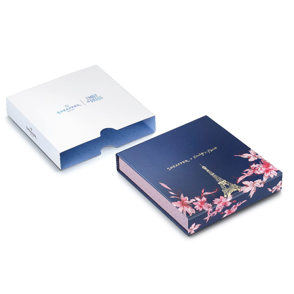 Sheaffer Gift Set ft Emily in Paris Prelude Mini 9810 Pastel Pink Ballpoint Pen with Swarovski Crystal and Hardbound Small Notebook packaging