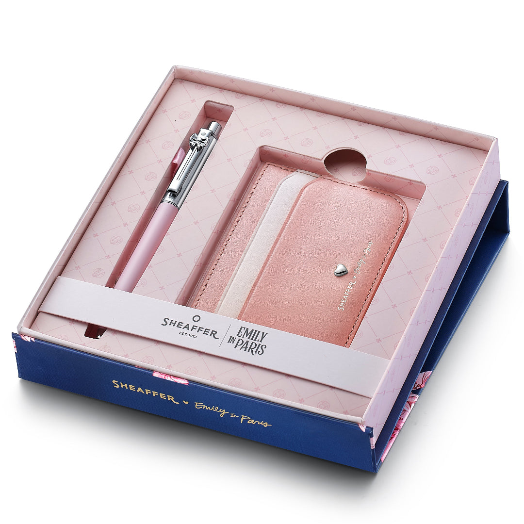 Sheaffer Gift Set ft. Emily in Paris Sentinel 321 Pink Matte Finish Ballpoint Pen with Chrome Trims and Full-Grain Leather Credit Card Holder inside packaging