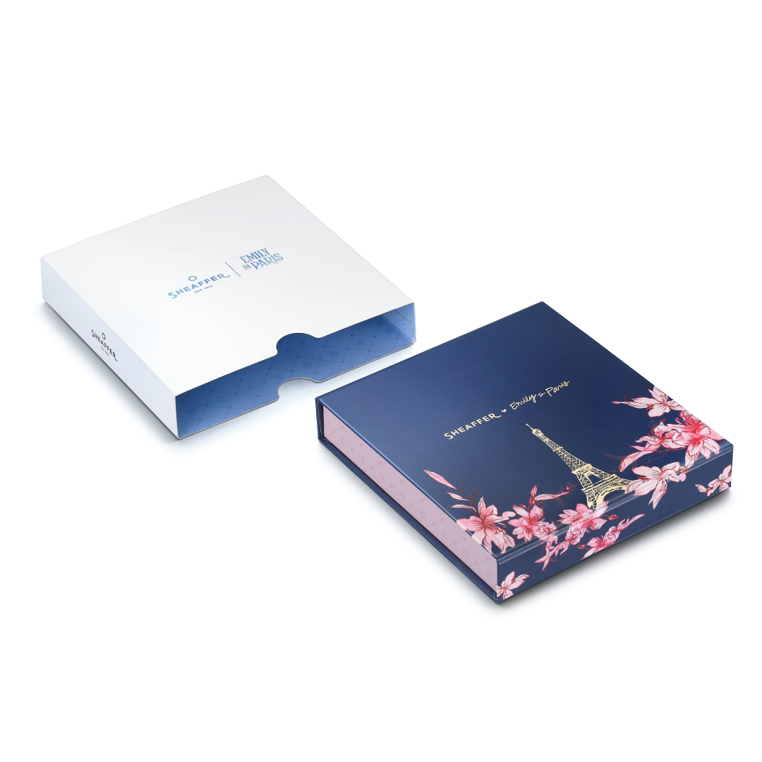 Sheaffer Gift Set ft. Emily in Paris Sentinel 321 Pink Matte Finish Ballpoint Pen with Chrome Trims and Full-Grain Leather Credit Card Holder packaging