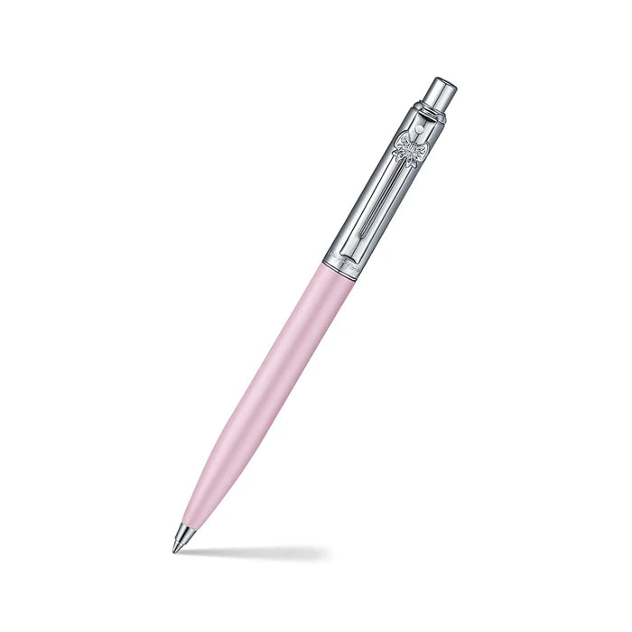 Sheaffer Gift Set ft. Emily in Paris Sentinel 321 Pink Matte Finish Ballpoint Pen with Chrome Trims and Full-Grain Leather Credit Card Holder pen angled writing shot