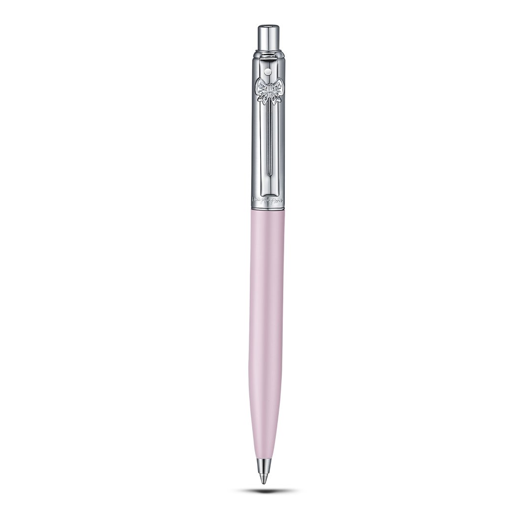 Sheaffer Gift Set ft. Emily in Paris Sentinel 321 Pink Matte Finish Ballpoint Pen with Chrome Trims and Full-Grain Leather Credit Card Holder pen full upright front view
