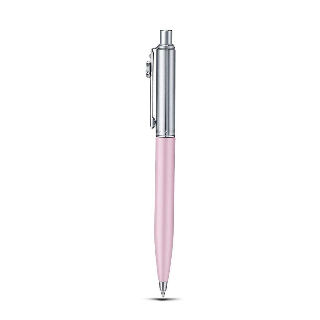 Sheaffer Gift Set ft. Emily in Paris Sentinel 321 Pink Matte Finish Ballpoint Pen with Chrome Trims and Full-Grain Leather Credit Card Holder full upright side profile