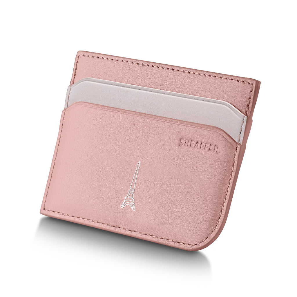 Sheaffer Gift Set ft. Emily in Paris Sentinel 321 Pink Matte Finish Ballpoint Pen with Chrome Trims and Full-Grain Leather Credit Card Holder side back view