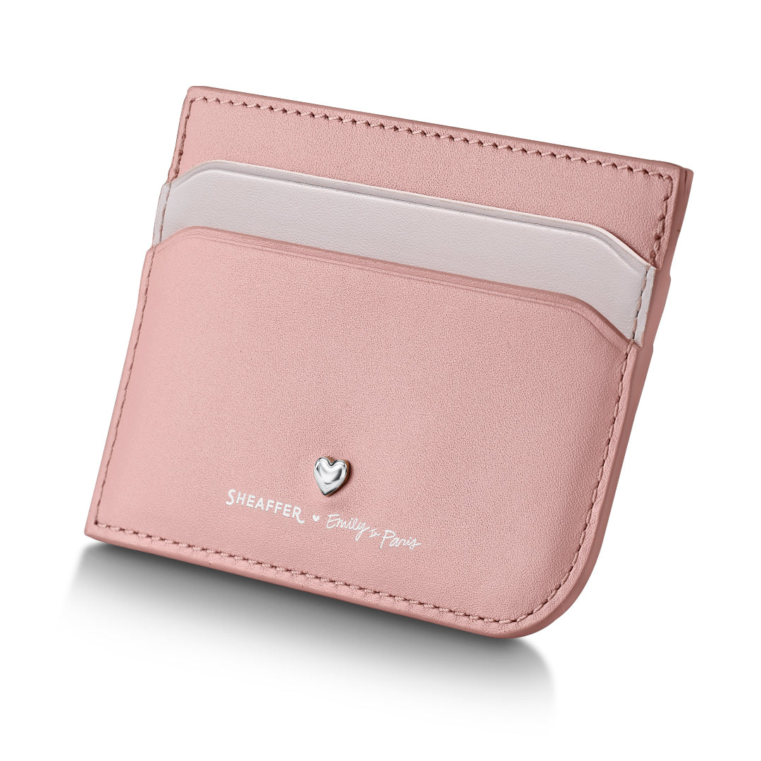 Sheaffer Gift Set ft. Emily in Paris Sentinel 321 Pink Matte Finish Ballpoint Pen with Chrome Trims and Full-Grain Leather Credit Card Holder side front view