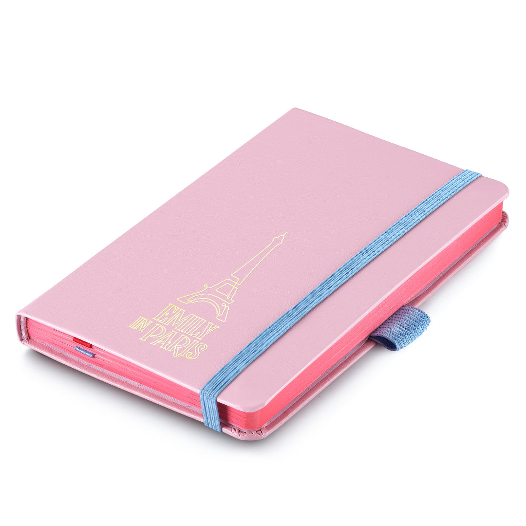 Sheaffer Gift Set ft. Emily in Paris Sentinel 321 Pink Matte Finish Ballpoint Pen with Chrome Trims and Small Hardbound Notebook flatlay view
