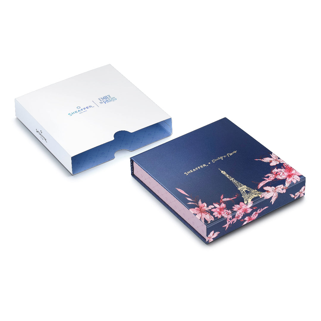 Sheaffer Gift Set ft. Emily in Paris Sentinel 321 Pink Matte Finish Ballpoint Pen with Chrome Trims and Small Hardbound Notebook packaging