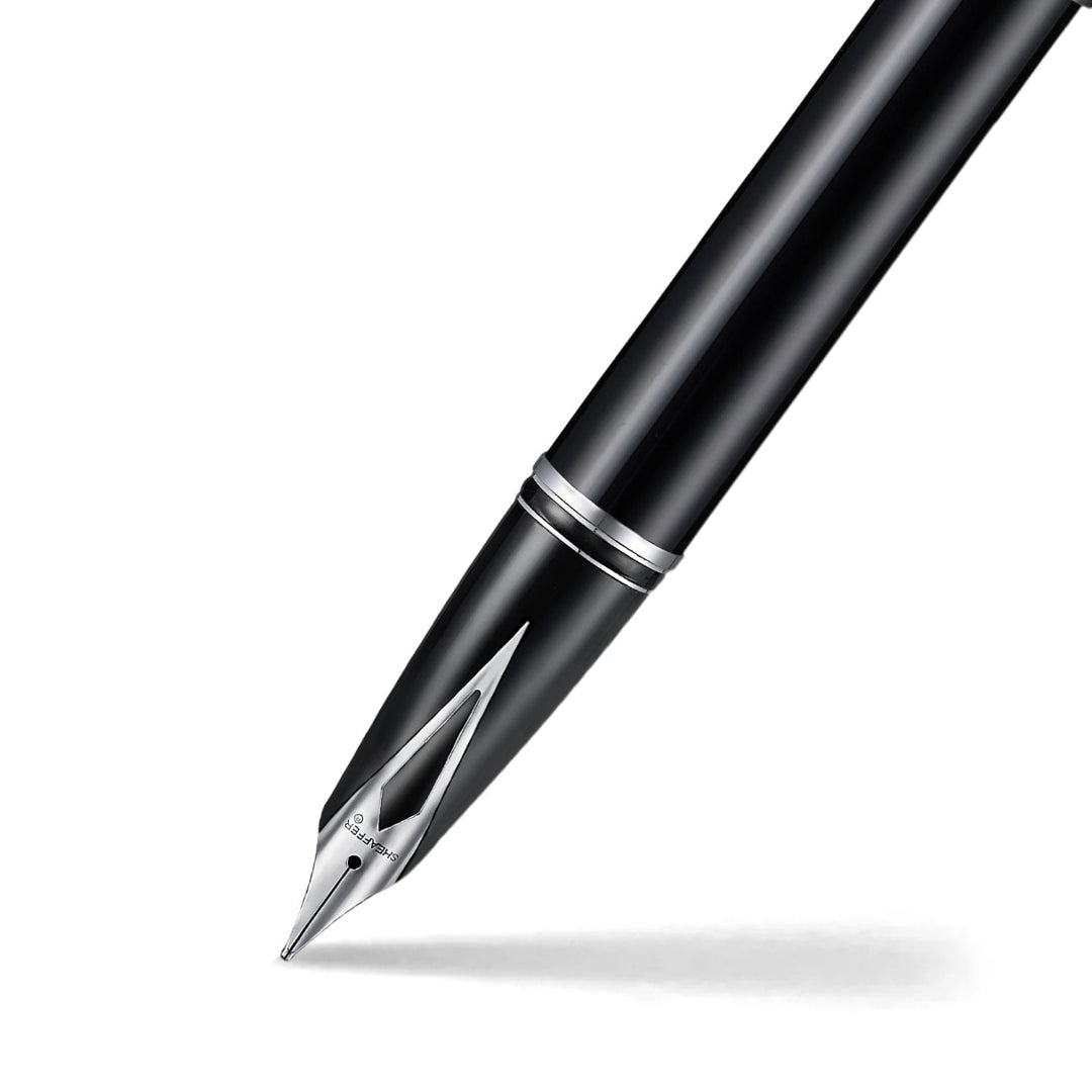 Sheaffer Legacy 9064 Glossy Black Inlaid Nib Fountain Pen with Chrome Trims barrel and tip section