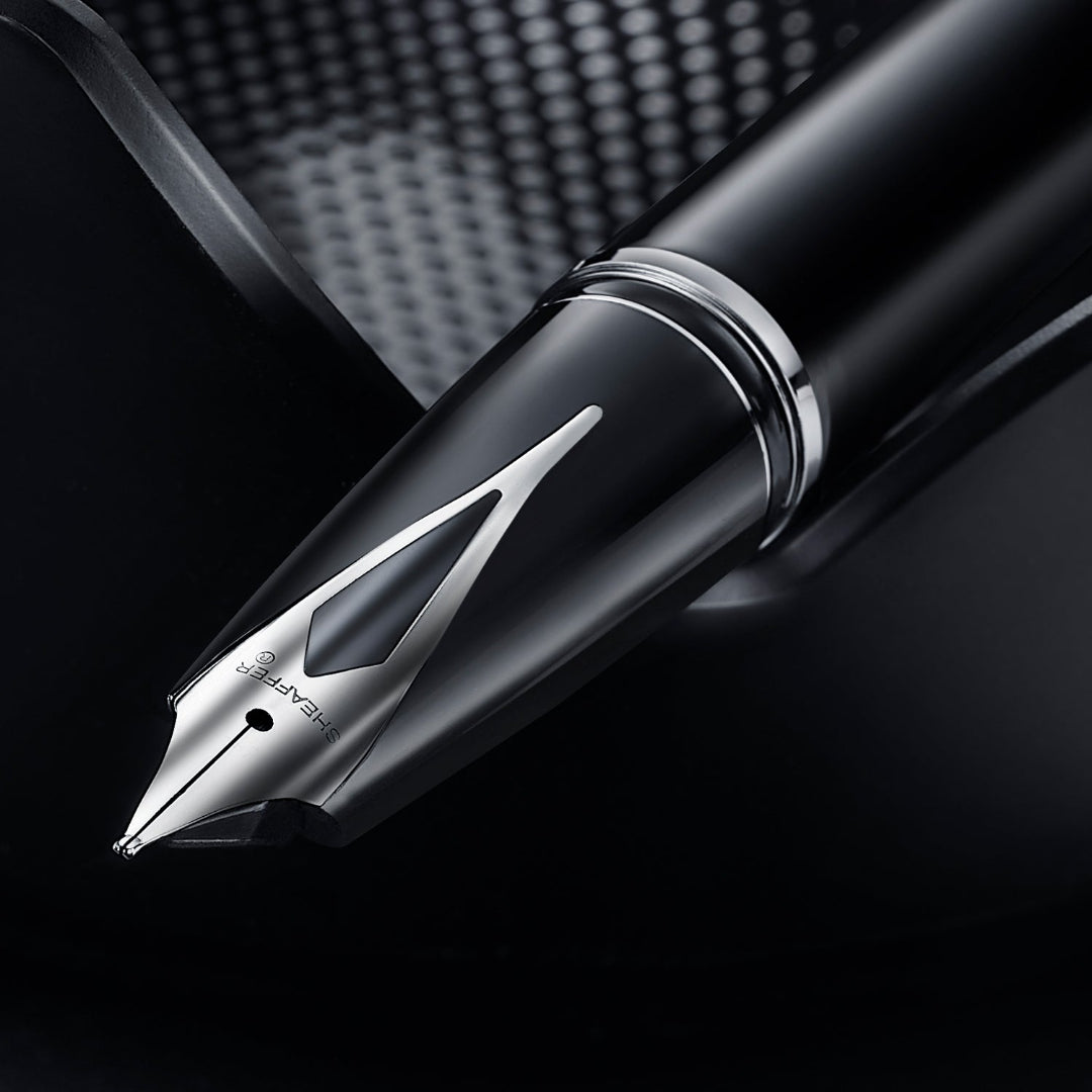 Sheaffer Legacy 9064 Glossy Black Inlaid Nib Fountain Pen with Chrome Trims tip close up