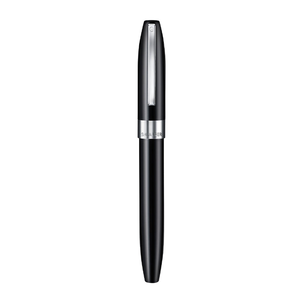 Sheaffer Legacy 9064 Glossy Black Inlaid Nib Fountain Pen with Chrome Trims upright full view