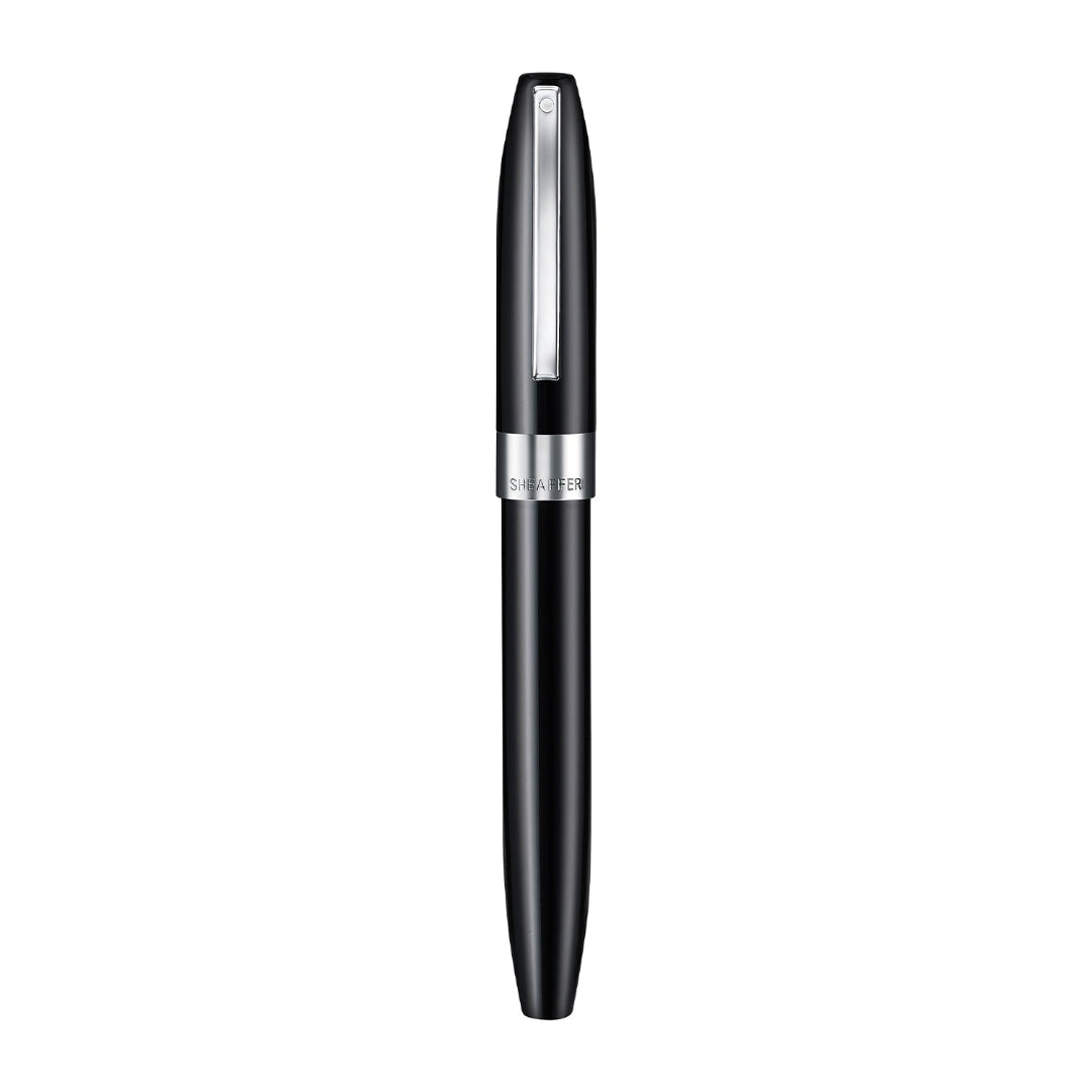 Sheaffer Legacy 9064 Glossy Black Inlaid Nib Fountain Pen with Chrome Trims upright full view