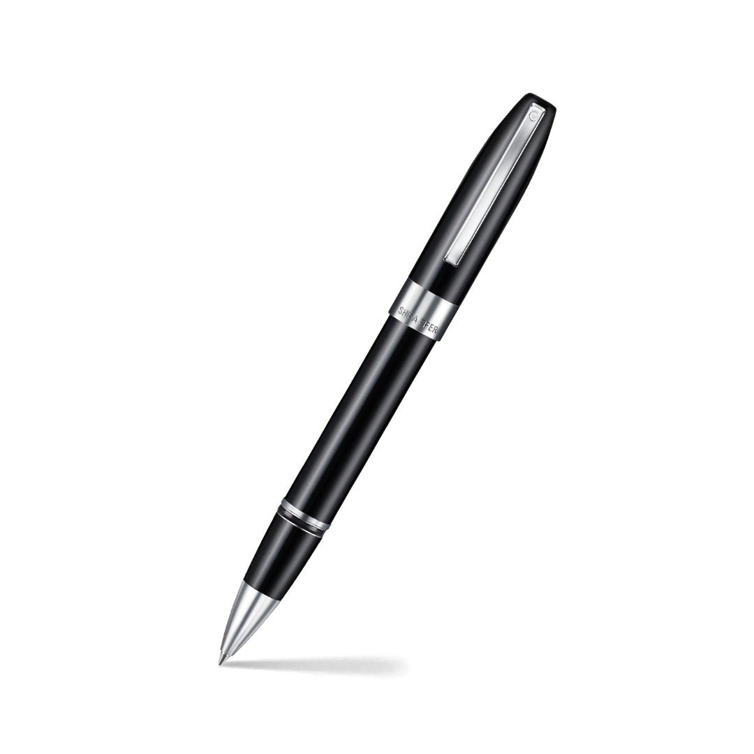 Sheaffer Legacy 9064 Glossy Black Rollerball Pen With Chrome Trims angled writing shot
