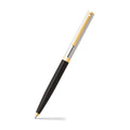 Sheaffer Sagaris Glossy Black Ballpoint Pen With Chrome and Gold Trims angled writing shot