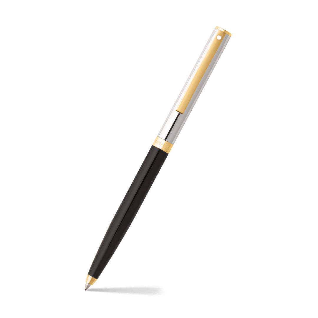 Sheaffer Sagaris Glossy Black Ballpoint Pen With Chrome and Gold Trims angled writing shot