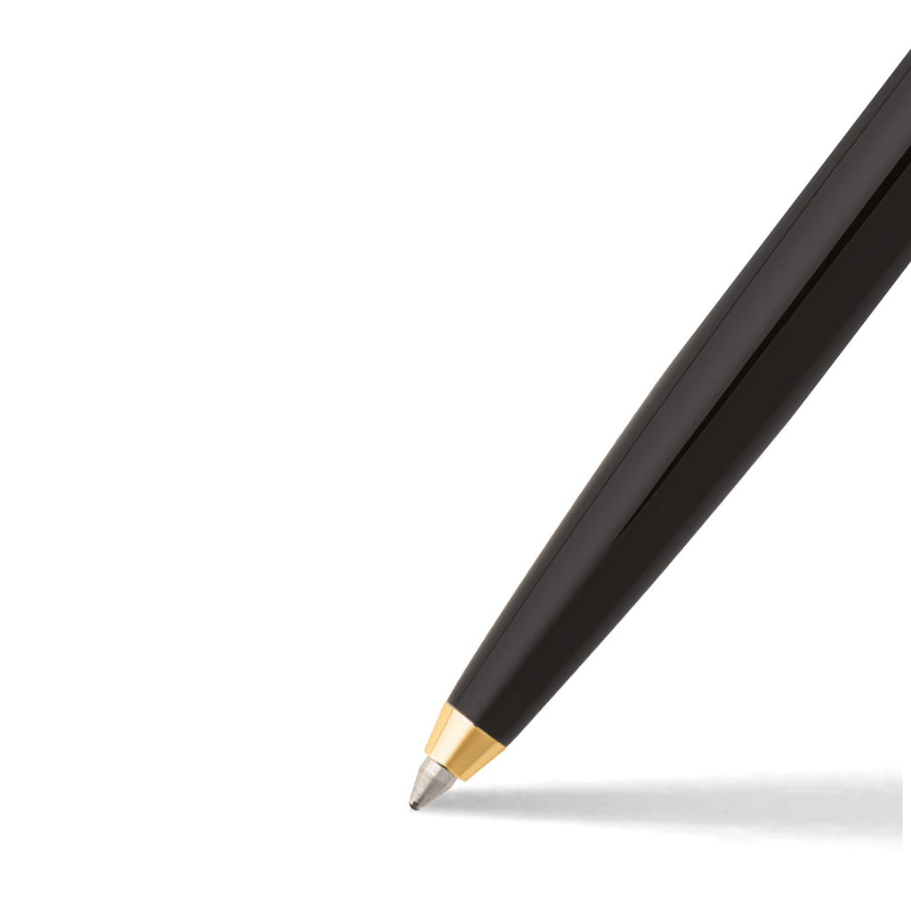 Sheaffer Sagaris Glossy Black Ballpoint Pen With Chrome and Gold Trims barrel and tip section