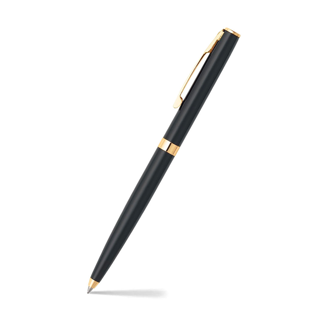 Sheaffer Sagaris Glossy Black Ballpoint Pen With Gold Trims angled writing shot