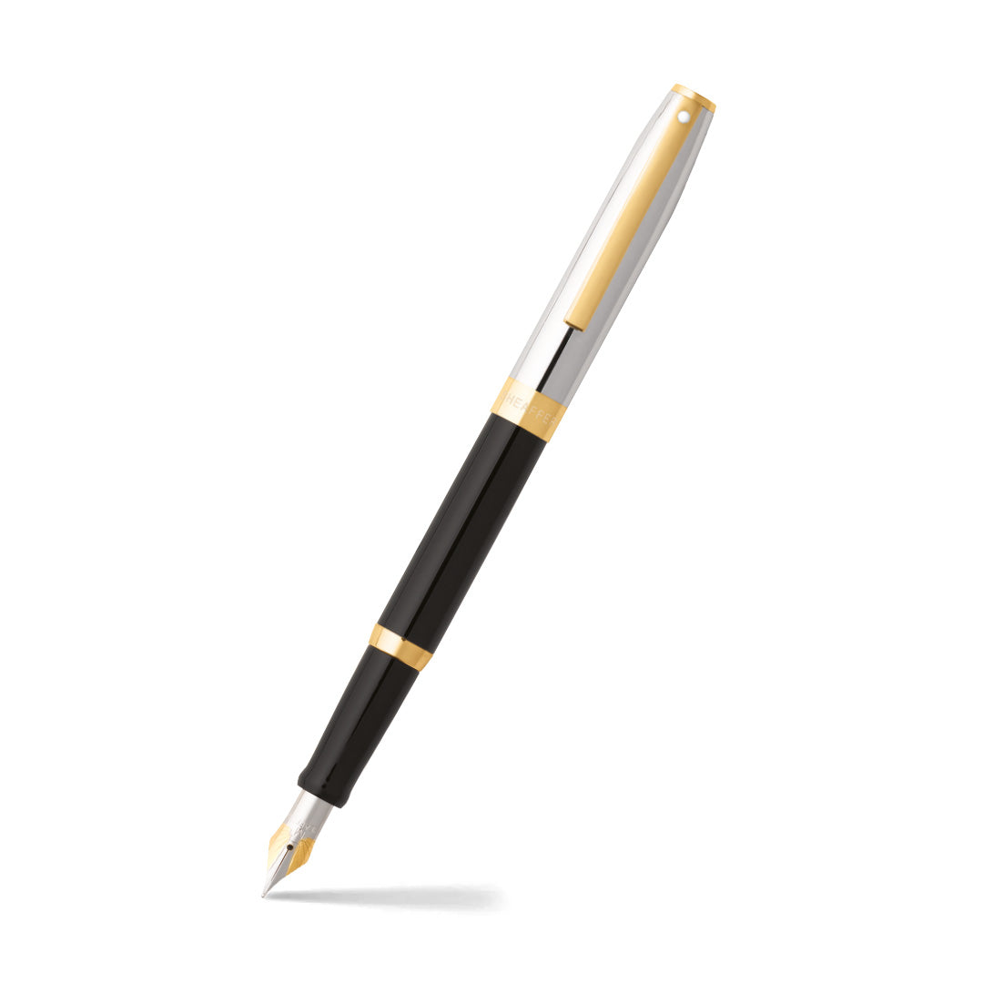 Sheaffer Sagaris Glossy Black Fountain Pen With Chrome and Gold Trims angled writing shot