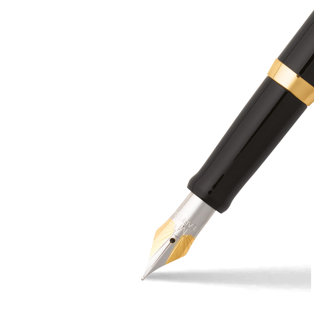 Sheaffer Sagaris Glossy Black Fountain Pen With Chrome and Gold Trims barrel and tip section