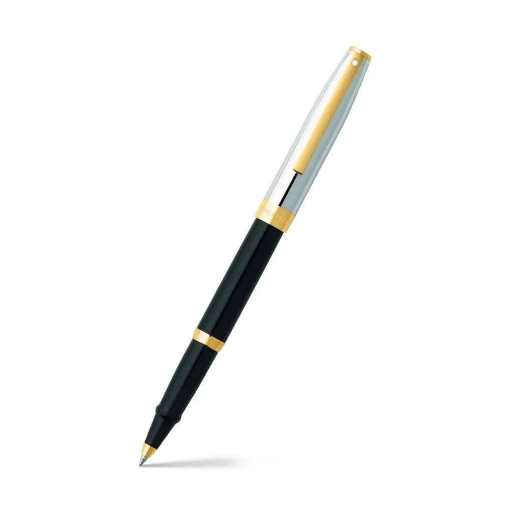 Sheaffer Sagaris Glossy Black Rollerball Pen With Chrome and Gold Trims angled writing shot