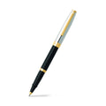 Sheaffer Sagaris Glossy Black Rollerball Pen With Chrome and Gold Trims angled writing shot