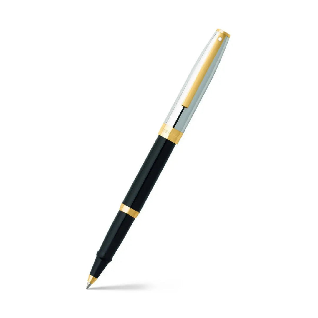 Sheaffer Sagaris Glossy Black Rollerball Pen With Chrome and Gold Trims angled writing shot