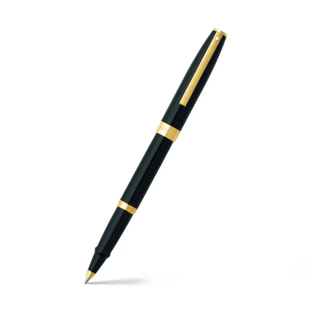 Sheaffer Sagaris Glossy Black Rollerball Pen With Gold Trims angled writing shot