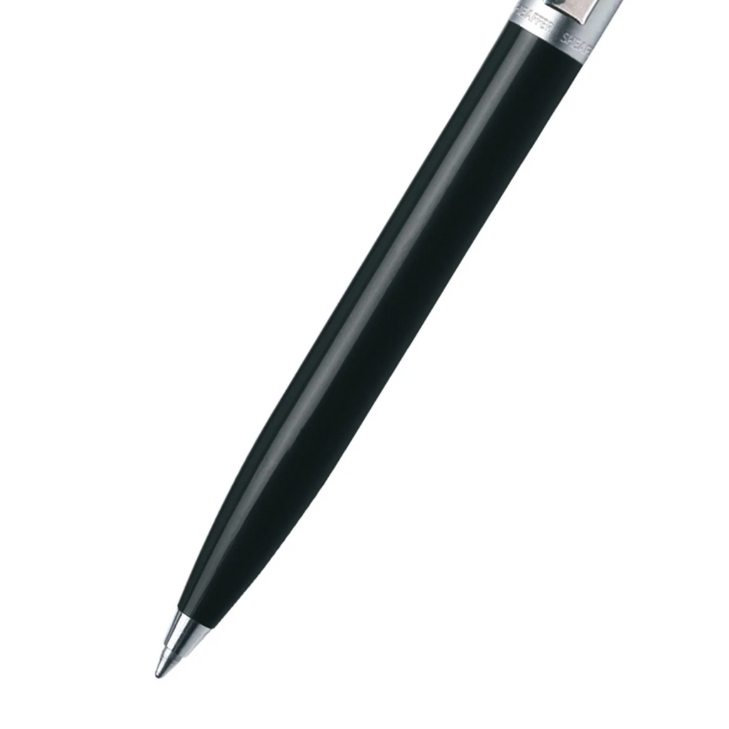 Close up of Sheaffer Sentinel Black and Chrome Ballpoint Pen With Chrome Trims barrel and tip section