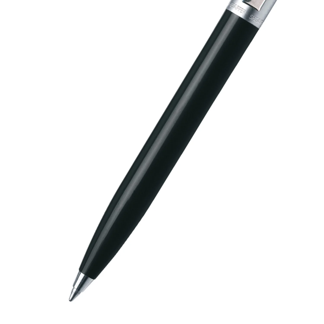 Close up of Sheaffer Sentinel Black and Chrome Ballpoint Pen With Chrome Trims barrel and tip section