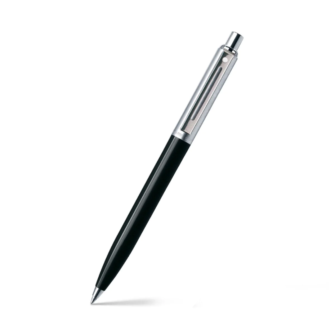 Sheaffer Sentinel Black and Chrome Ballpoint Pen With Chrome Trims angled writing shot