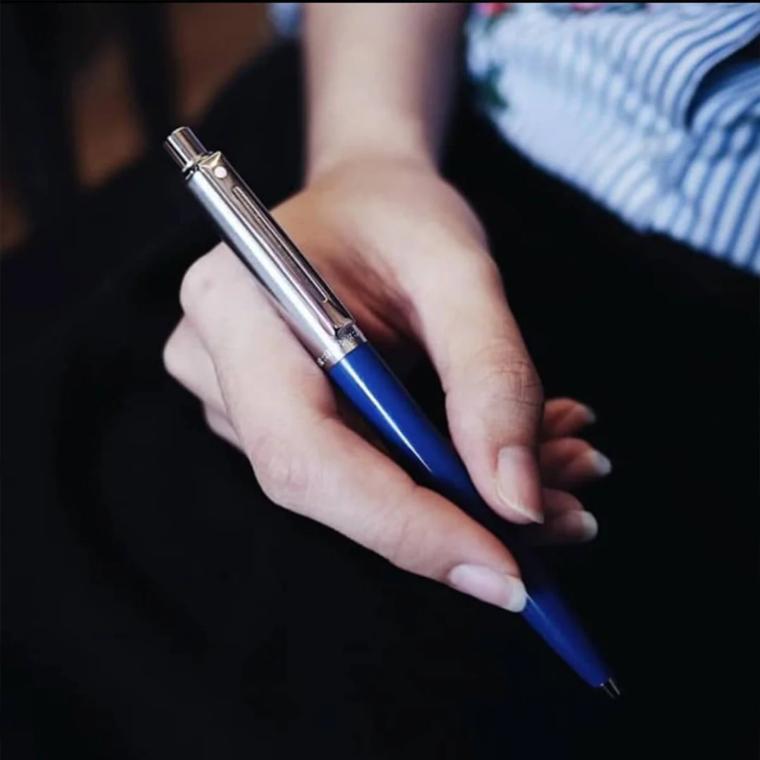Sheaffer Sentinel Blue and Chrome Ballpoint Pen With Chrome Trims hand holding