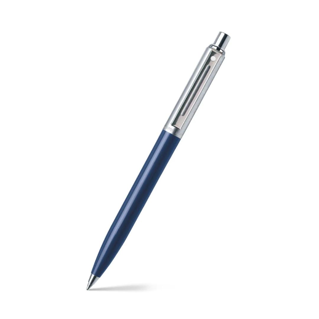 Sheaffer Sentinel Blue and Chrome Ballpoint Pen With Chrome Trims angled writing shot
