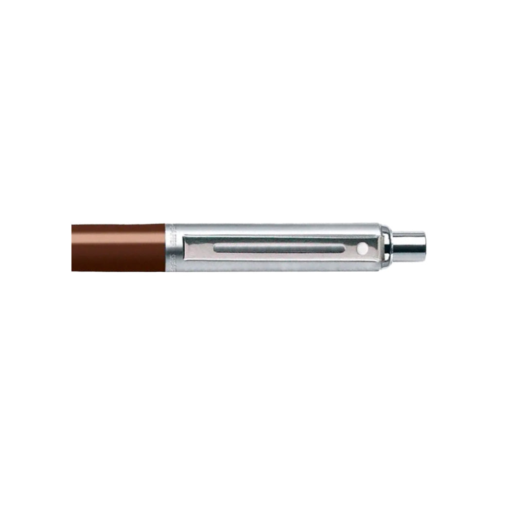 Close up of Sheaffer Sentinel Brown and Chrome Ballpoint Pen With Chrome Trims clip details