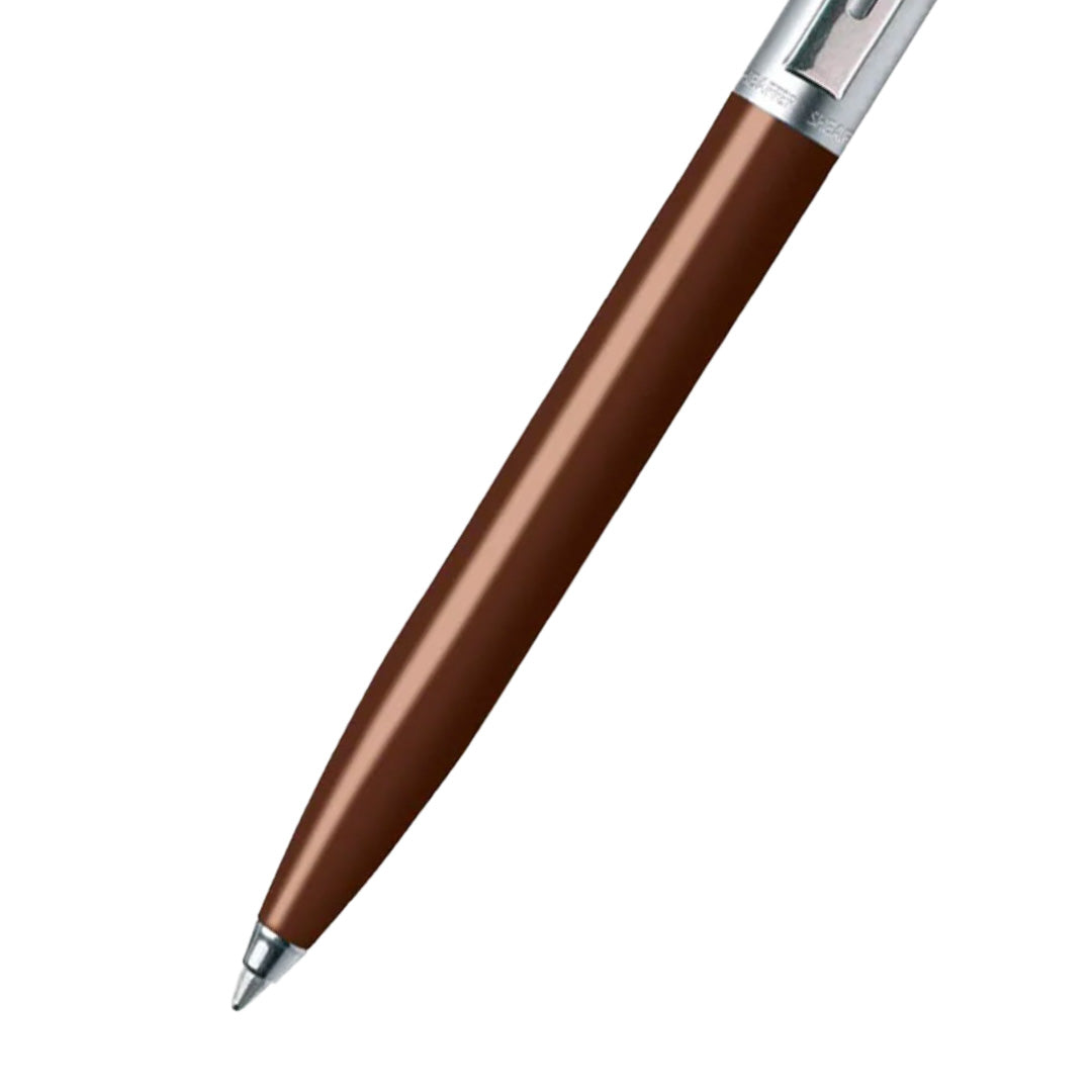 Close up of Sheaffer Sentinel Brown and Chrome Ballpoint Pen With Chrome Trims barrel and tip section
