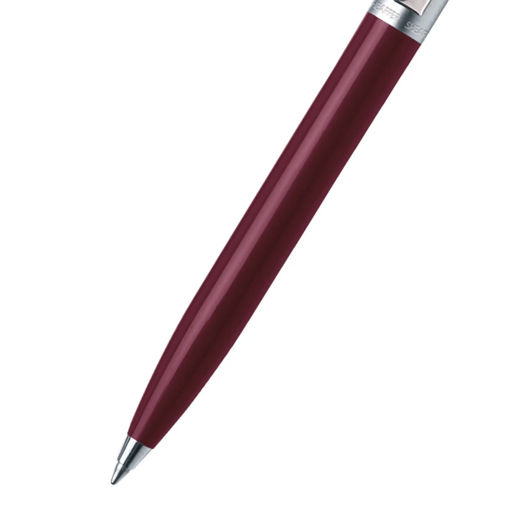 Close up of Sheaffer Sentinel Burgundy and Chrome Ballpoint Pen With Chrome Trims barrel and tip section