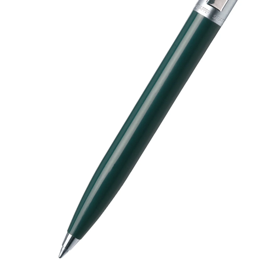 Close-up of Sheaffer Sentinel Dark Green and Chrome Ballpoint Pen barrel and tip section