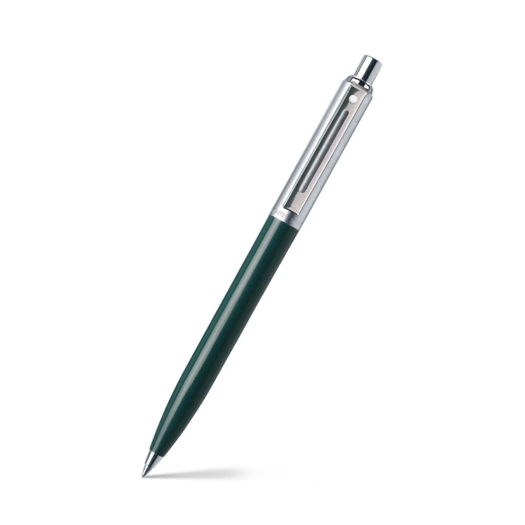 Sheaffer Sentinel Dark Green and Chrome Ballpoint Pen With Chrome Trims angled writing shot