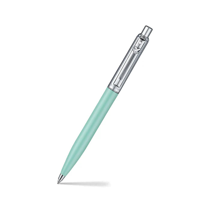 Sheaffer Sentinel Emily in Paris 321 Green Matte Finish Ballpoint Pen with Chrome-Plated Trims and Heart-Shaped Clip Emblem angled writing shot